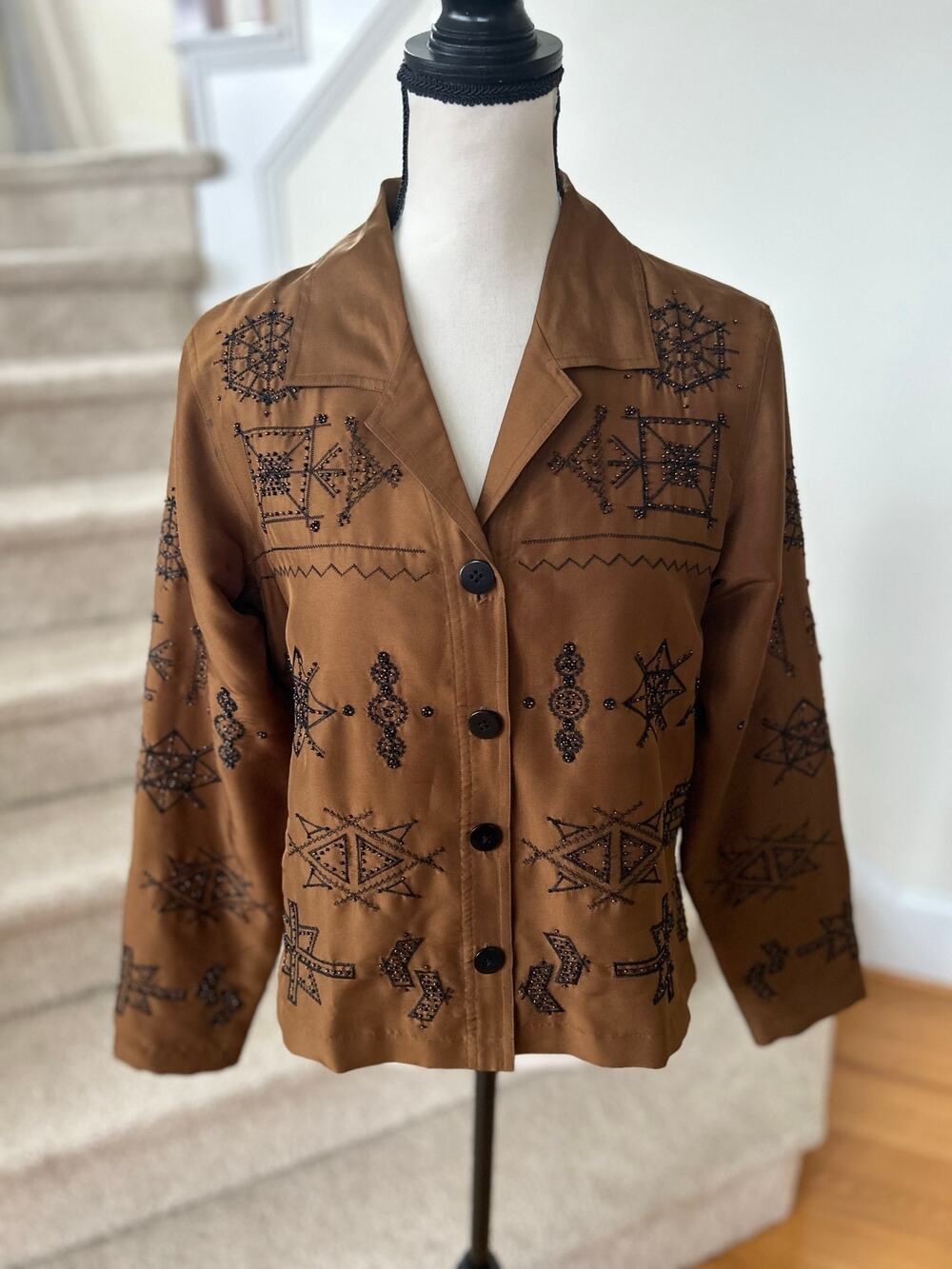 Vintage Coldwater Creek Brown Silk Black Embroidered Beaded Western Jacket